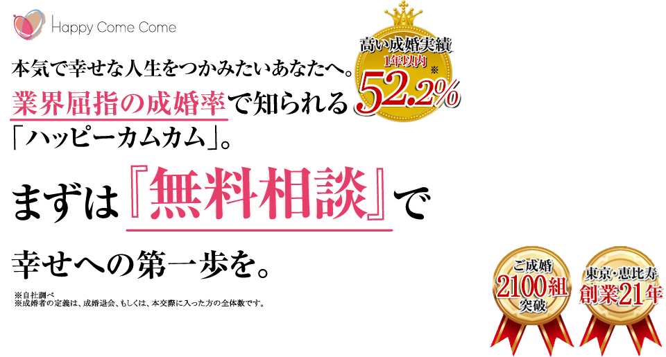 業界屈指の成婚率で知られるハッピーカムカム。まずは無料相談で幸せの第一歩を。