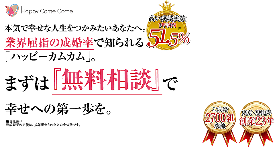 業界屈指の成婚率で知られるハッピーカムカム。まずは無料相談で幸せの第一歩を。